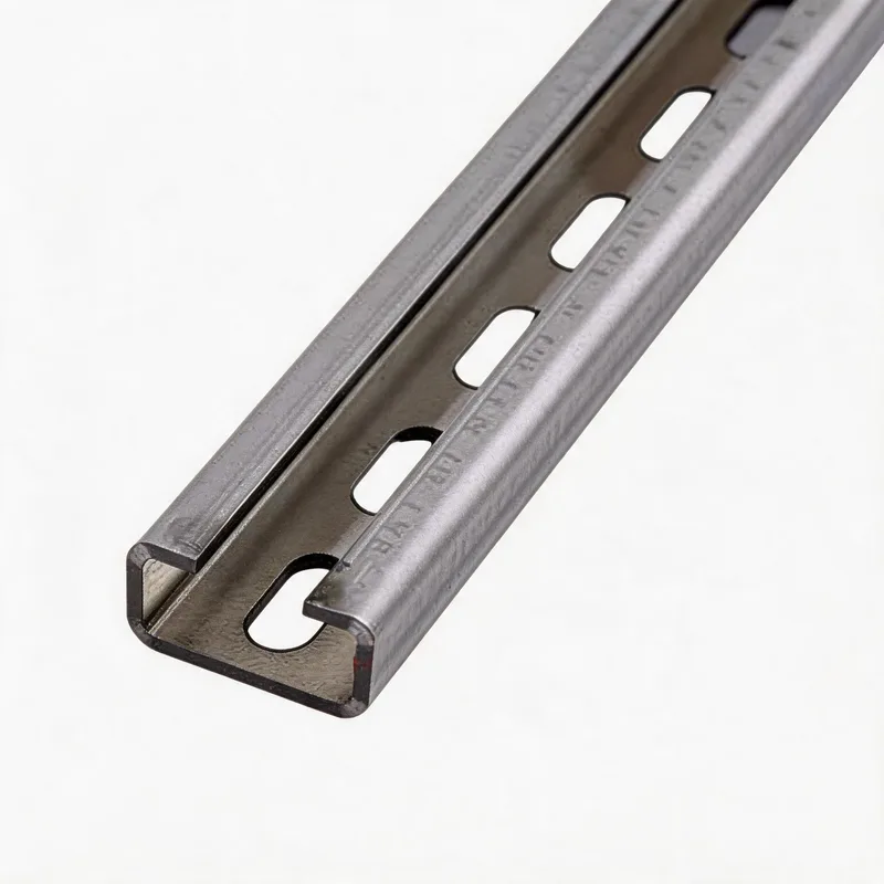 WQL-E C-channel perforated mounting rail — angled view, zinc-plated steel — DIN 3015