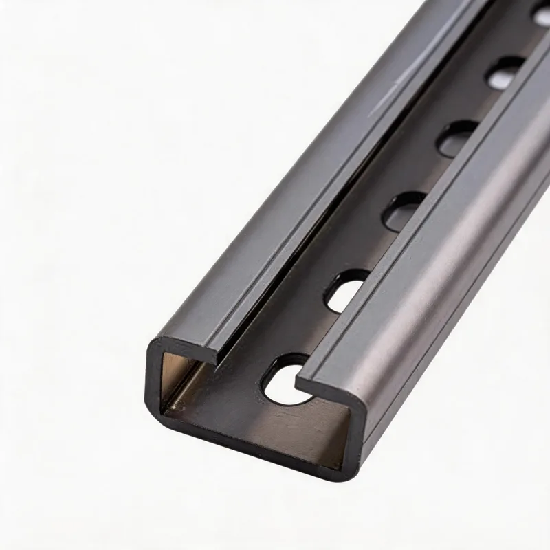 WQL-E C-channel perforated mounting rail — angled view, zinc-plated steel — DIN 3015