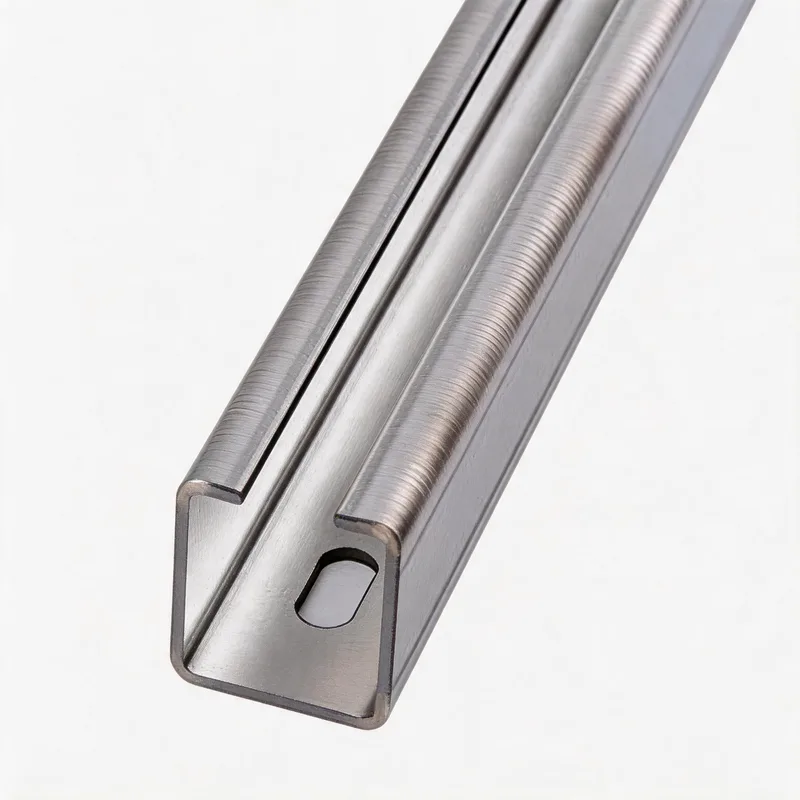 WQL-E C-channel perforated mounting rail — angled view, zinc-plated steel — DIN 3015