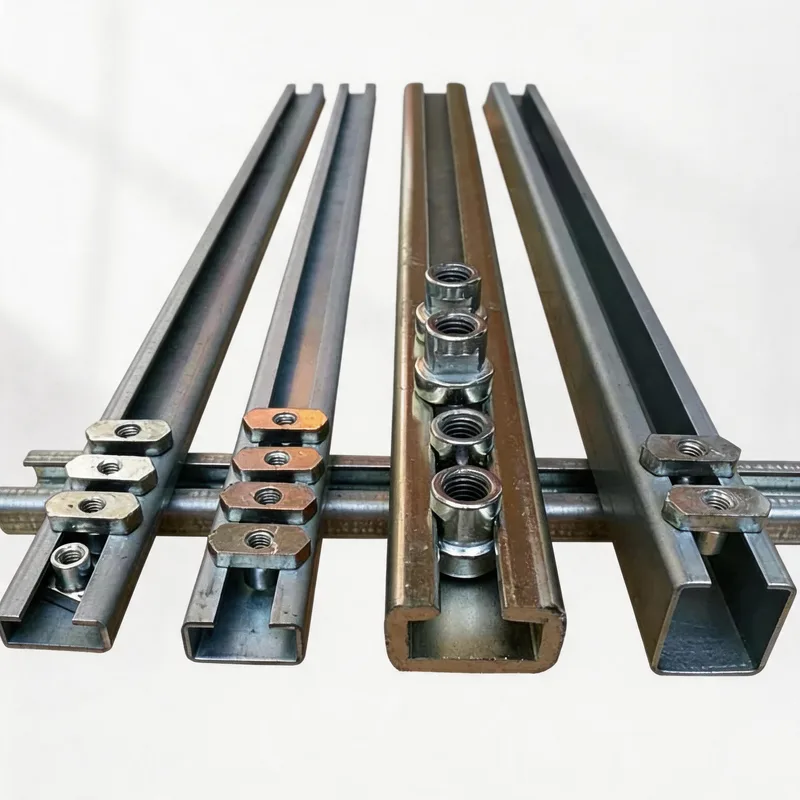 C-channel mounting rails with rail nuts for DIN 3015 pipe clamp installation