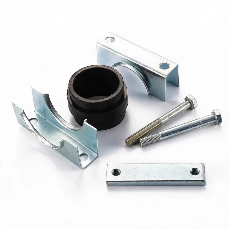 Exploded view of cushioned pipe clamp showing NBR rubber insert, steel shells and bolts