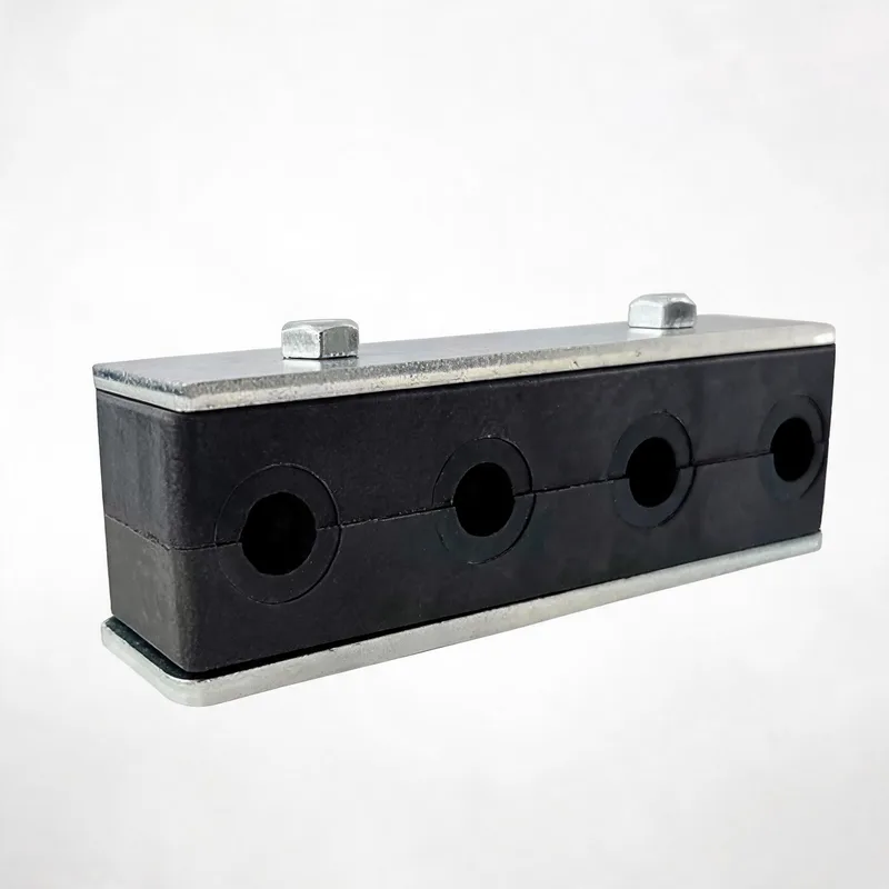 WQH 4-hole outer-hex nylon pipe clamp — angled view, nylon body — DIN 3015-2, ø14–108 mm