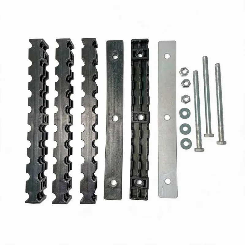 Exploded marine pipe clamp arrangement showing multiple rows and stainless hardware
