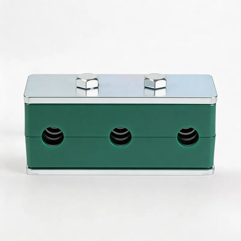 Polypropylene DIN 3015 pipe clamp body — standard PP serves to about −20 °C; specify PP copolymer or PA for colder sites