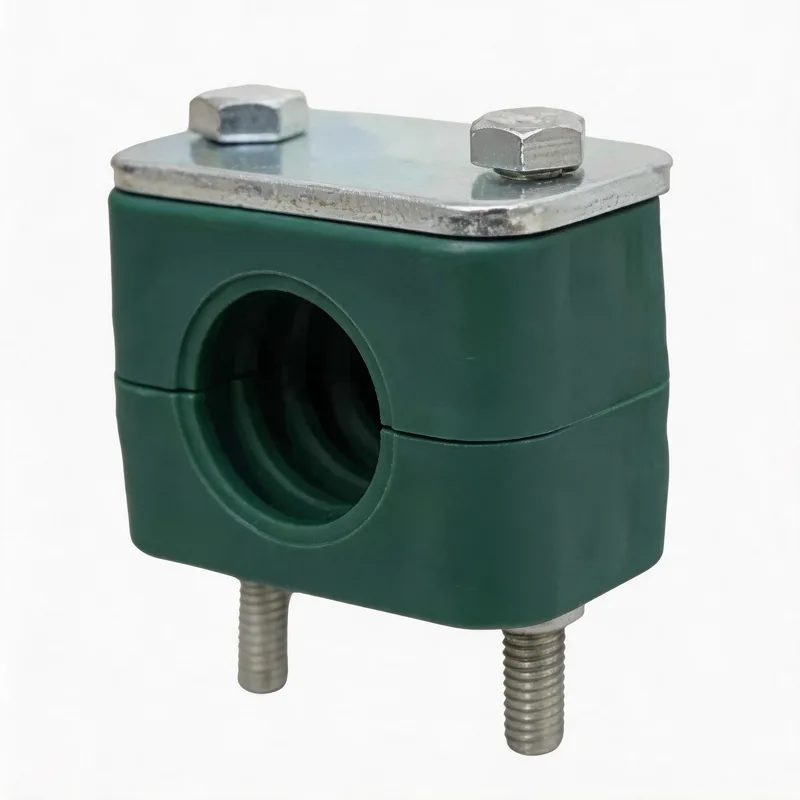 WQL plastic long-bolt pipe clamp — angled view, plastic body — DIN 3015-1, ø6–108 mm