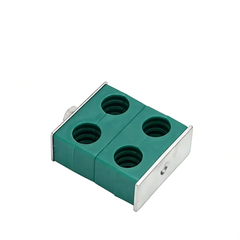 WQL stacking dual-hole pipe clamp — angled view, zinc-plated steel — DIN 3015-1, ø6–108 mm