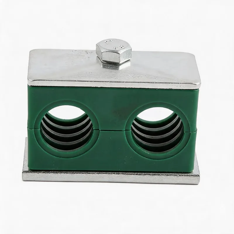 WQL/WQT light twin-hole plastic pipe clamp — angled view, plastic body — DIN 3015-1, ø6–108 mm