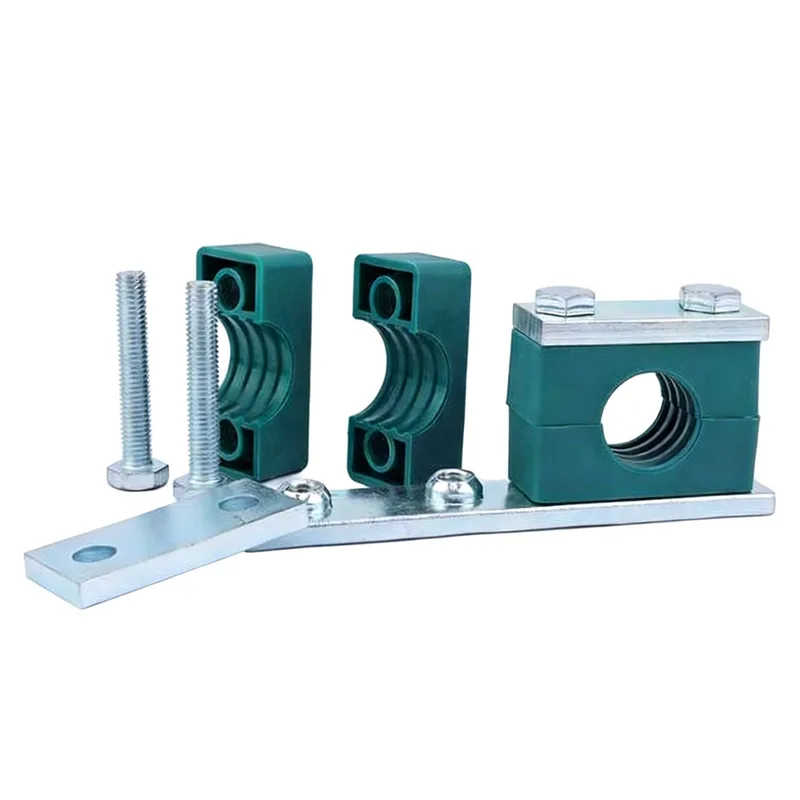 Exploded view of DIN 3015-3 twin pipe clamp: twin body, cover plate, bolts and base